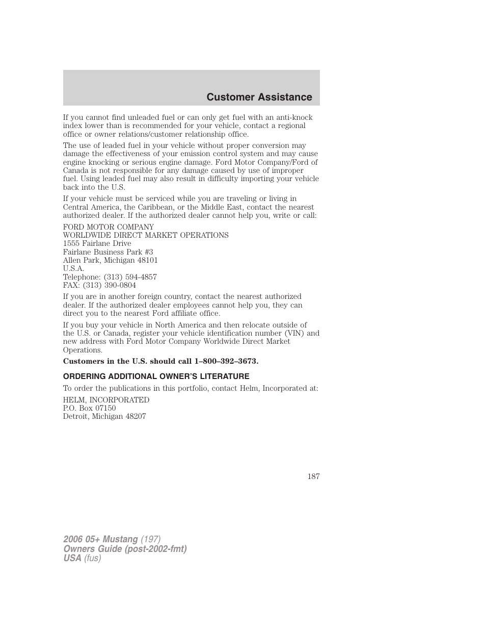 Ordering additional owner’s literature, Customer assistance | FORD 2006 Mustang v.1 User Manual | Page 187 / 248