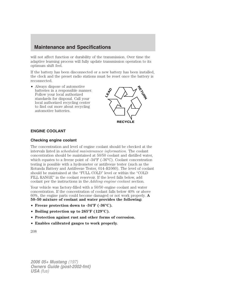 Engine coolant, Checking engine coolant, Maintenance and specifications | FORD 2006 Mustang v.1 User Manual | Page 208 / 248