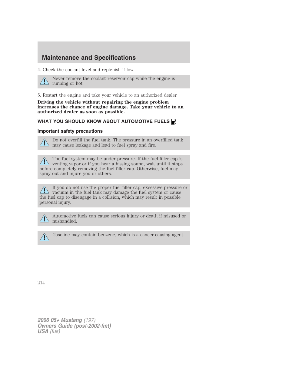 What you should know about automotive fuels, Important safety precautions, Fuel information | Maintenance and specifications | FORD 2006 Mustang v.1 User Manual | Page 214 / 248