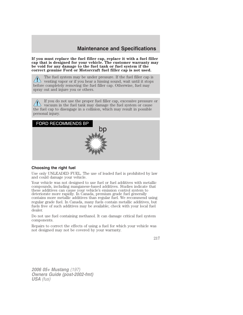 Choosing the right fuel, Maintenance and specifications | FORD 2006 Mustang v.1 User Manual | Page 217 / 248