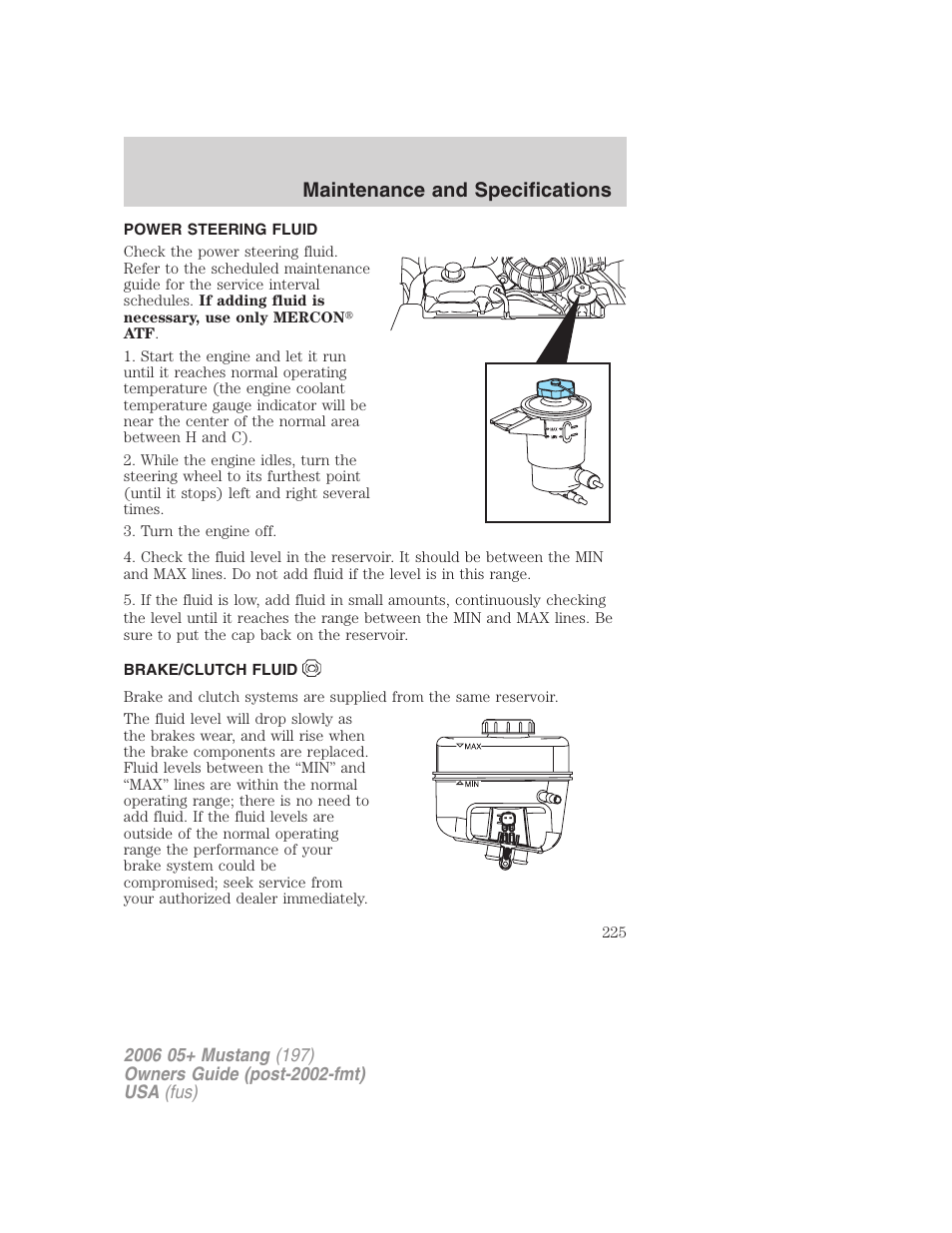 Power steering fluid, Brake/clutch fluid, Maintenance and specifications | FORD 2006 Mustang v.1 User Manual | Page 225 / 248