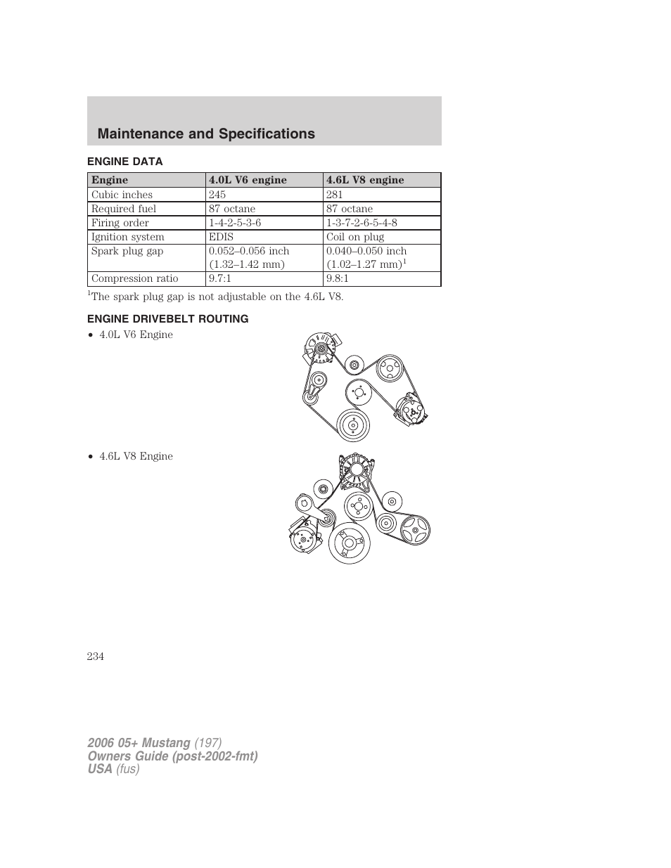Engine data, Engine drivebelt routing, Maintenance and specifications | FORD 2006 Mustang v.1 User Manual | Page 234 / 248