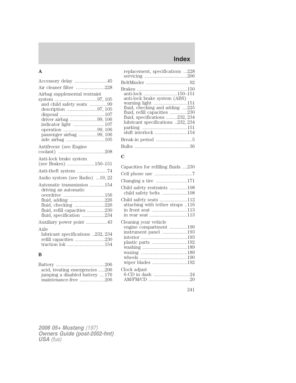Index | FORD 2006 Mustang v.1 User Manual | Page 241 / 248