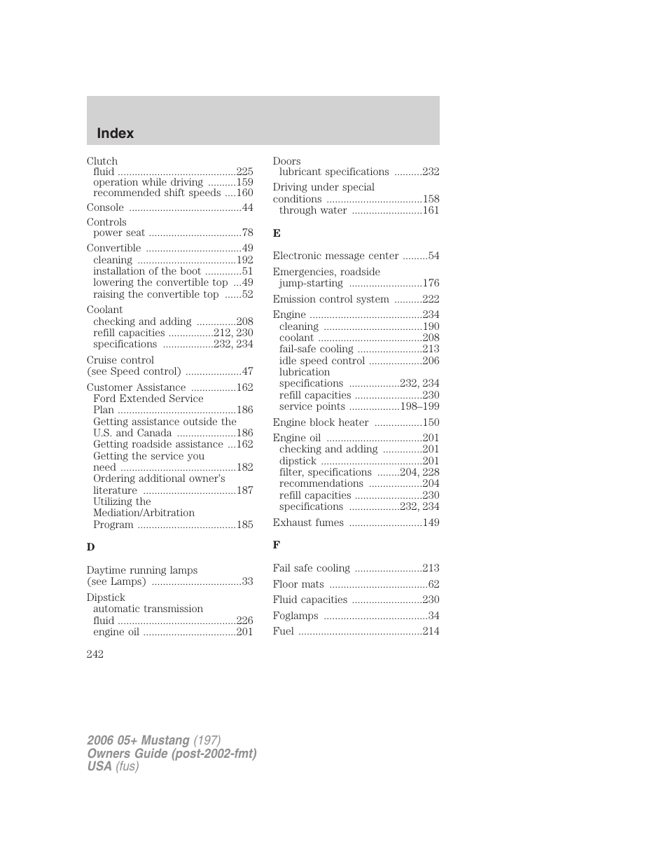 Index | FORD 2006 Mustang v.1 User Manual | Page 242 / 248