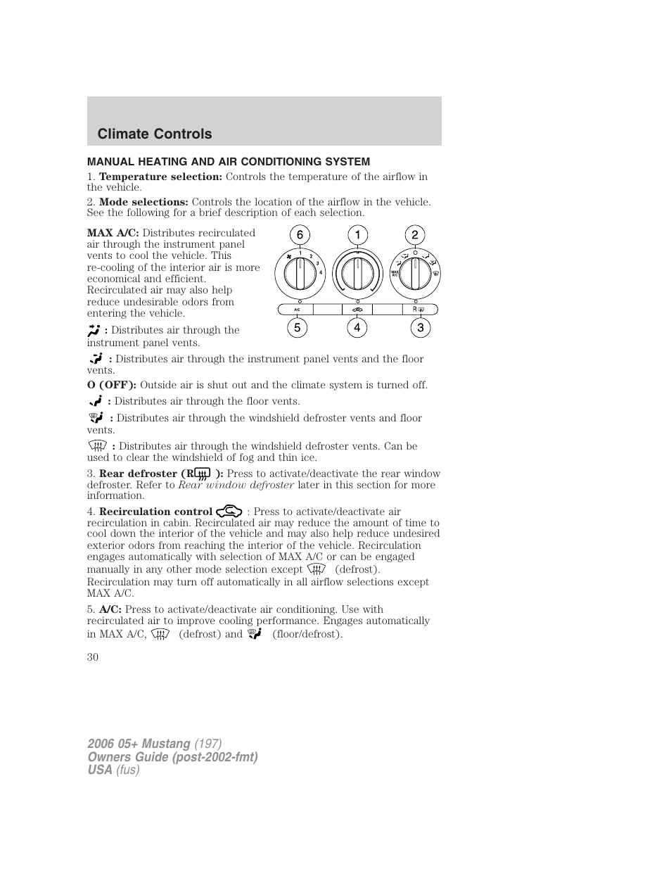 Climate controls, Manual heating and air conditioning system, Manual heating and air conditioning | FORD 2006 Mustang v.1 User Manual | Page 30 / 248