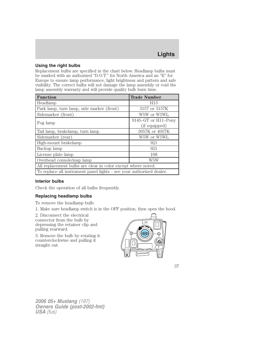 Using the right bulbs, Interior bulbs, Replacing headlamp bulbs | Lights | FORD 2006 Mustang v.1 User Manual | Page 37 / 248