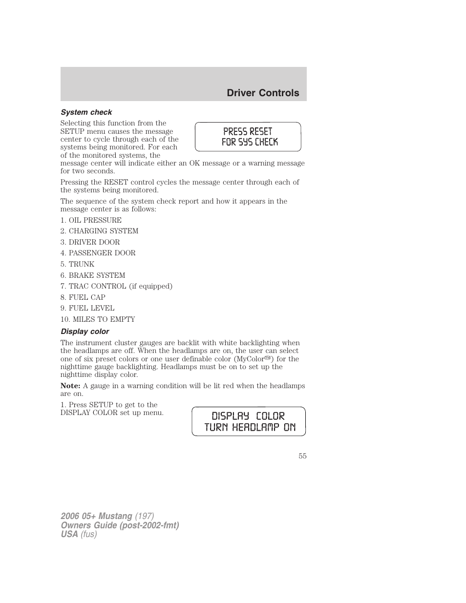 System check, Display color, Driver controls | FORD 2006 Mustang v.1 User Manual | Page 55 / 248