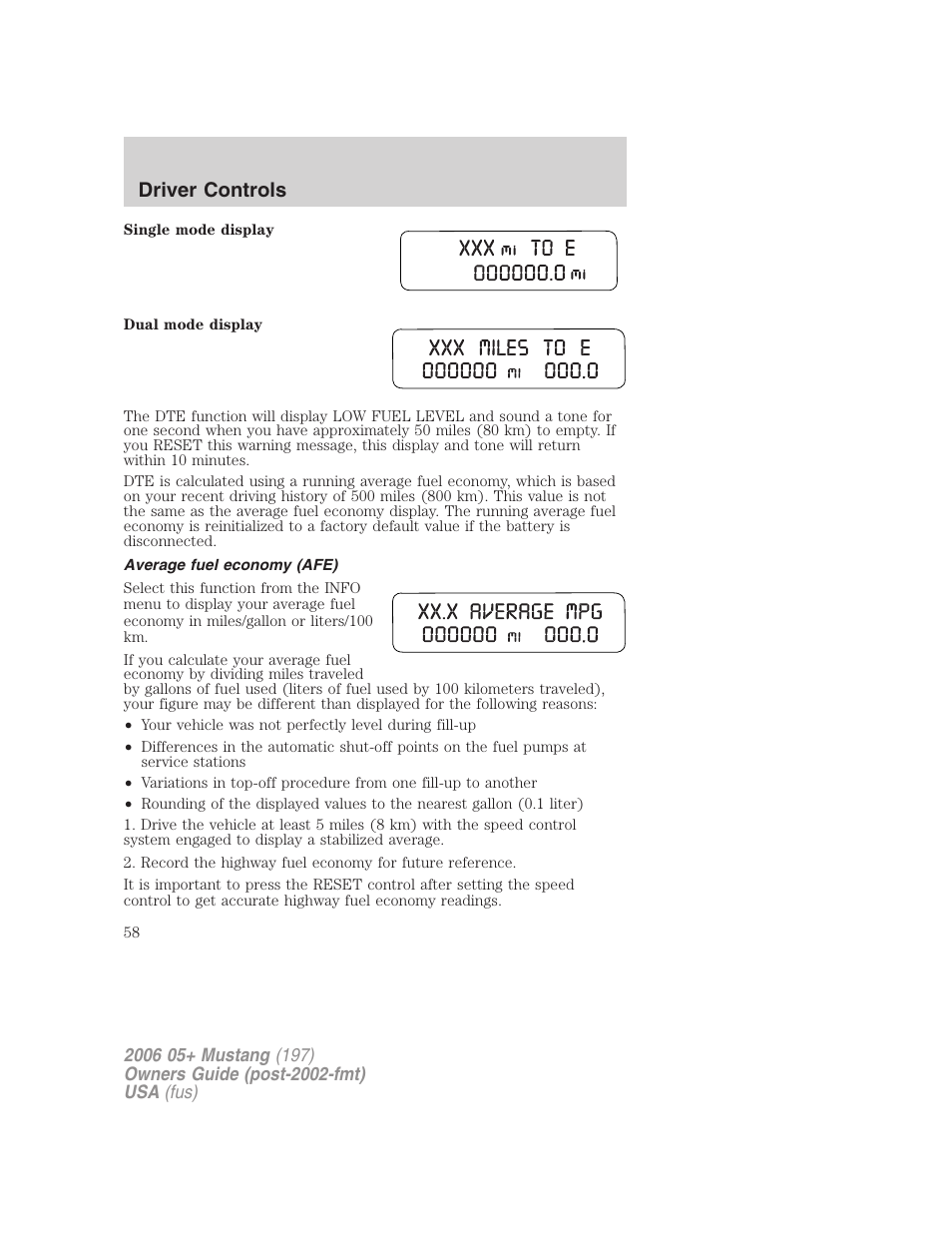 Average fuel economy (afe), Driver controls | FORD 2006 Mustang v.1 User Manual | Page 58 / 248