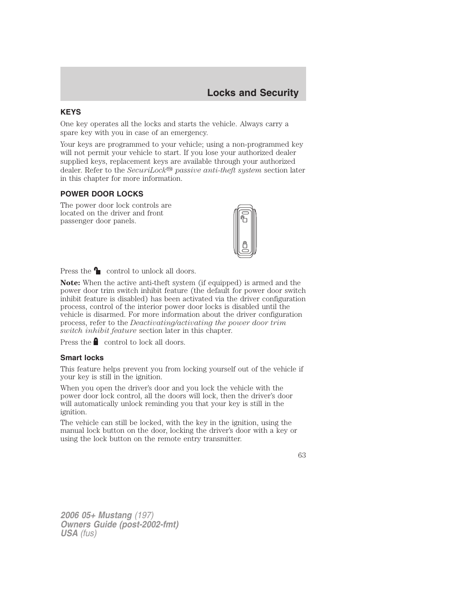 Locks and security, Keys, Power door locks | Smart locks, Locks | FORD 2006 Mustang v.1 User Manual | Page 63 / 248