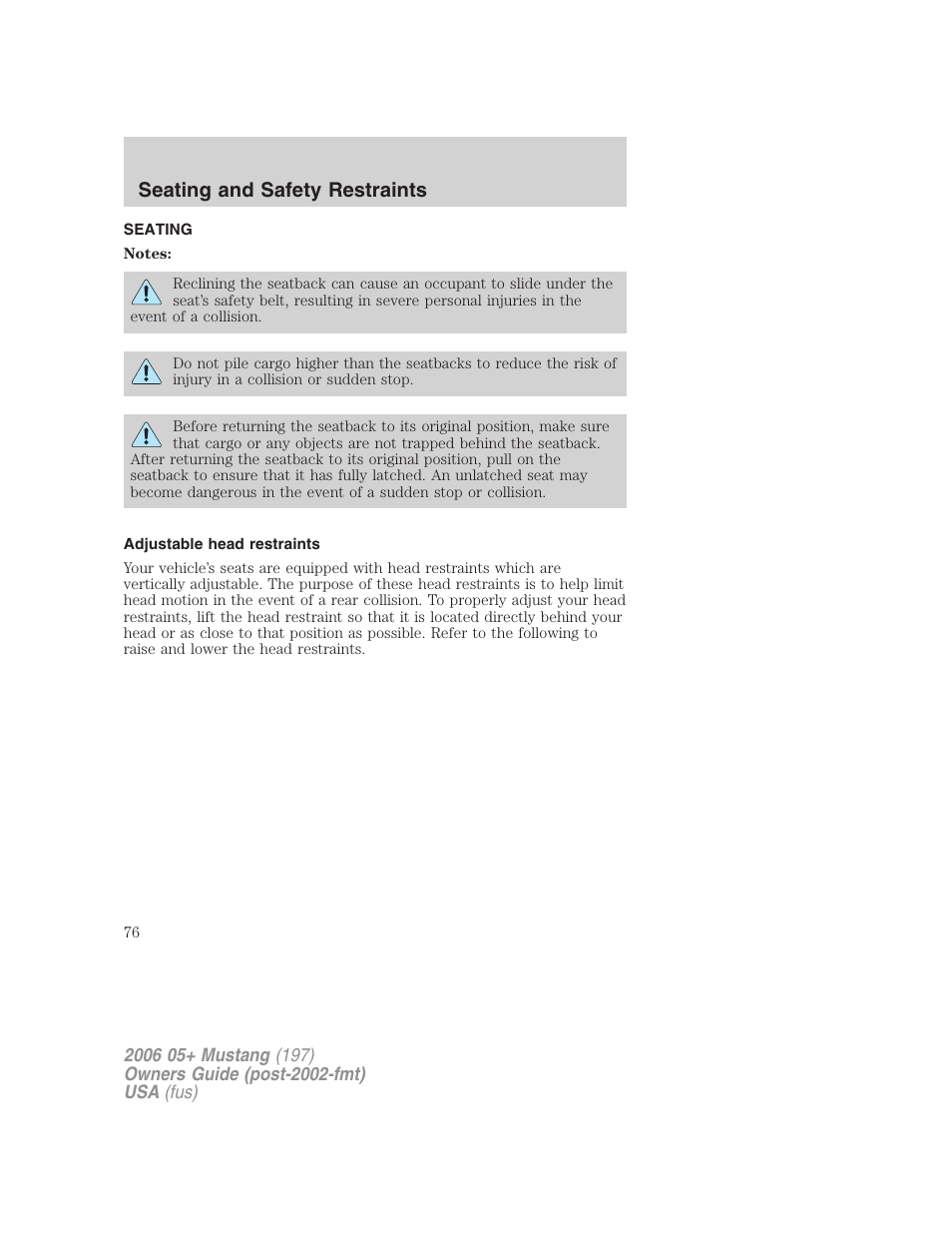 Seating and safety restraints, Seating, Adjustable head restraints | FORD 2006 Mustang v.1 User Manual | Page 76 / 248