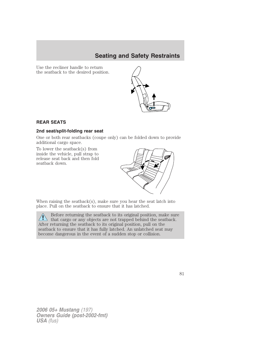 Rear seats, 2nd seat/split-folding rear seat, Seating and safety restraints | FORD 2006 Mustang v.1 User Manual | Page 81 / 248