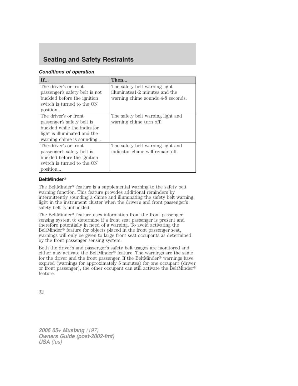 Conditions of operation, Beltminder, Seating and safety restraints | FORD 2006 Mustang v.1 User Manual | Page 92 / 248