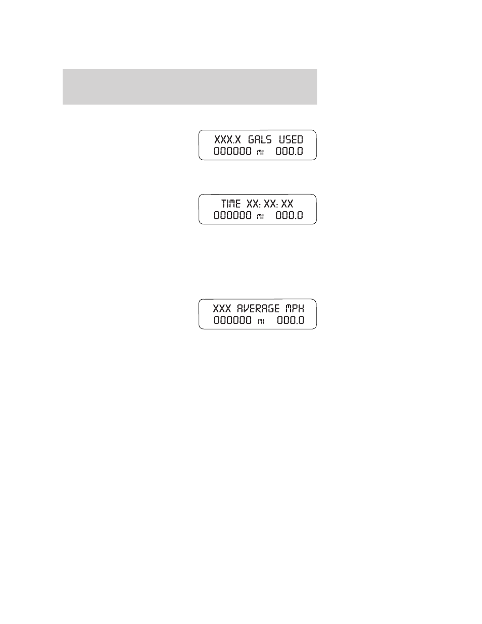 Fuel used, Trip elapsed drive time, Average speed | Blank display, System warnings, Driver controls | FORD 2006 Mustang v.2 User Manual | Page 58 / 248