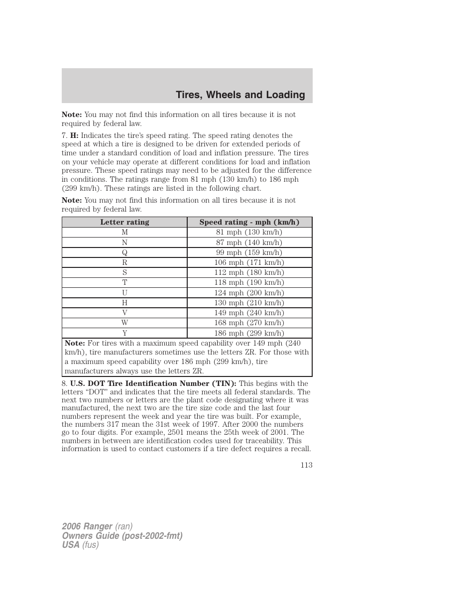Tires, wheels and loading | FORD 2006 Ranger v.1 User Manual | Page 113 / 256