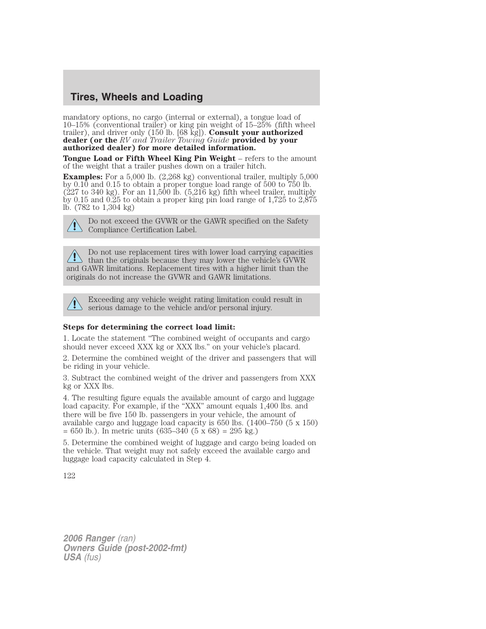 Tires, wheels and loading | FORD 2006 Ranger v.1 User Manual | Page 122 / 256