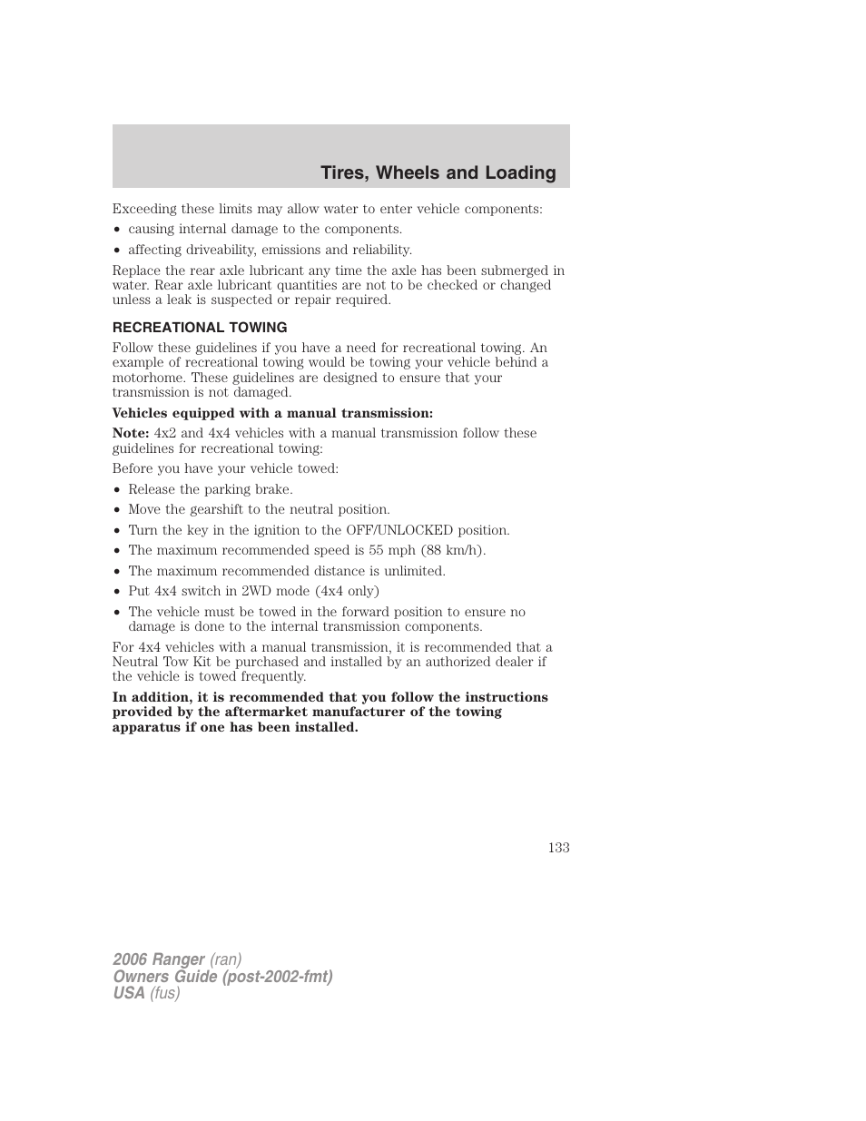 Recreational towing, Tires, wheels and loading | FORD 2006 Ranger v.1 User Manual | Page 133 / 256