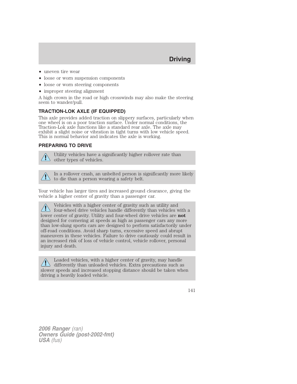 Traction-lok axle (if equipped), Preparing to drive, Driving | FORD 2006 Ranger v.1 User Manual | Page 141 / 256