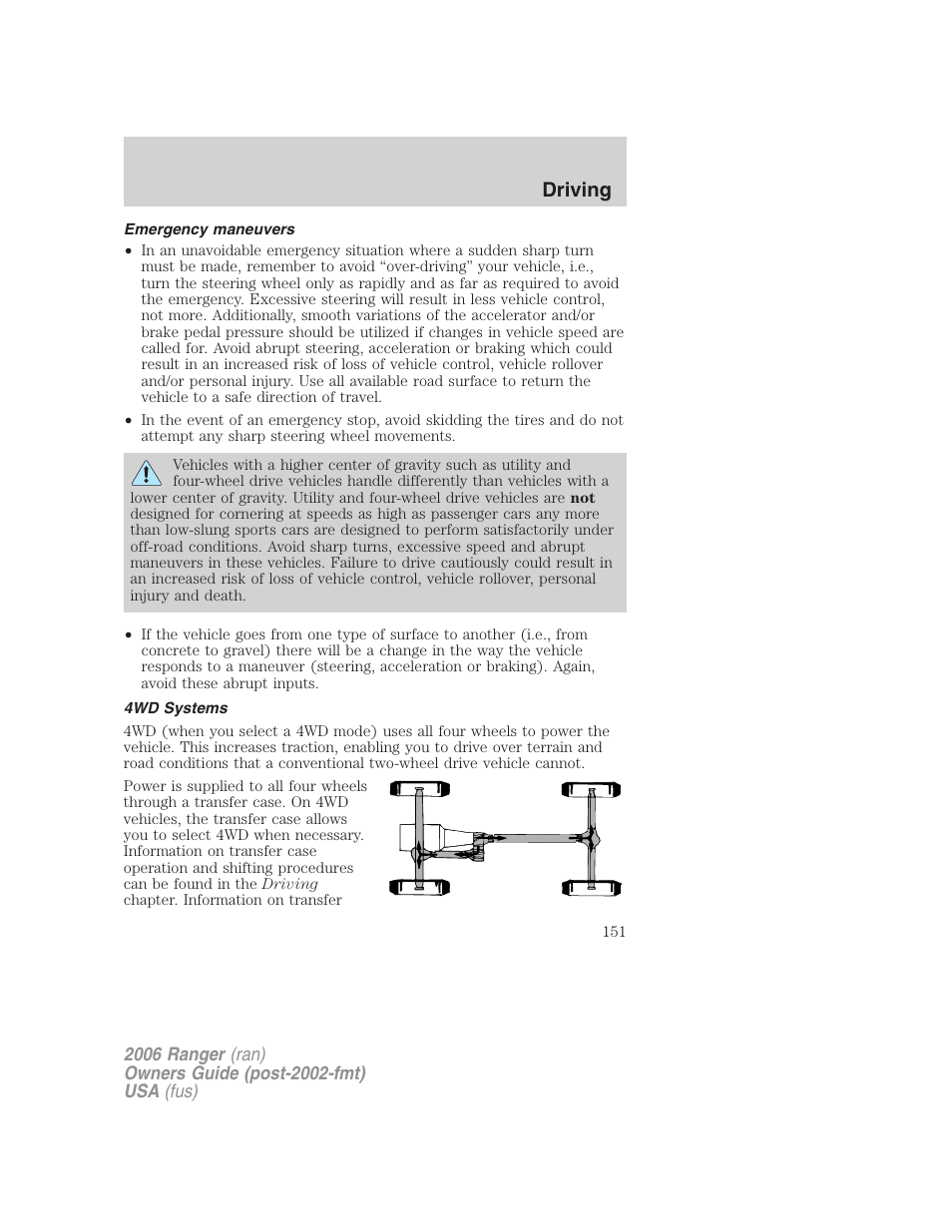 Emergency maneuvers, 4wd systems, Driving | FORD 2006 Ranger v.1 User Manual | Page 151 / 256