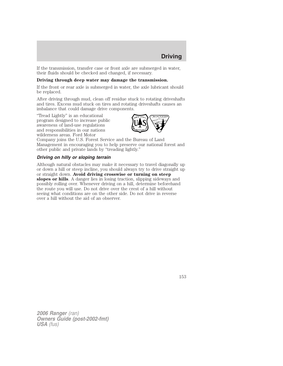 Driving on hilly or sloping terrain, Driving | FORD 2006 Ranger v.1 User Manual | Page 153 / 256