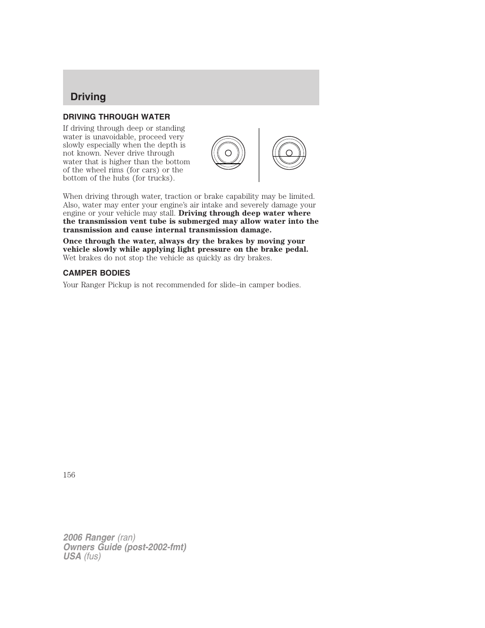 Driving through water, Camper bodies, Driving | FORD 2006 Ranger v.1 User Manual | Page 156 / 256