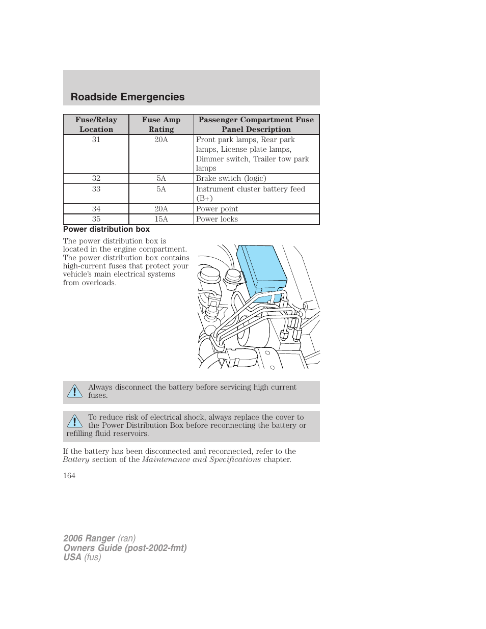 Power distribution box, Roadside emergencies | FORD 2006 Ranger v.1 User Manual | Page 164 / 256