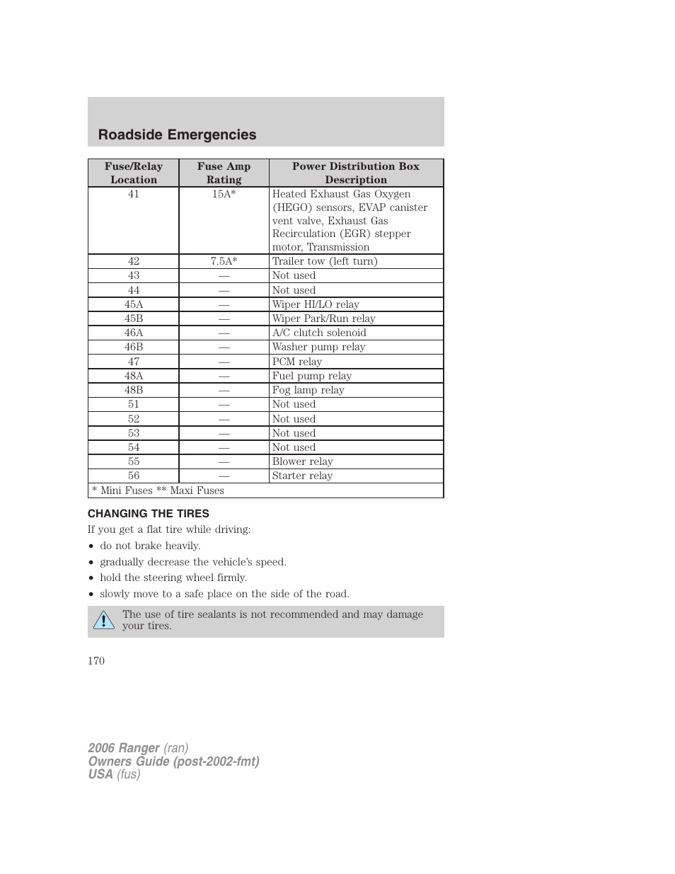 Changing the tires, Changing tires, Roadside emergencies | FORD 2006 Ranger v.1 User Manual | Page 170 / 256