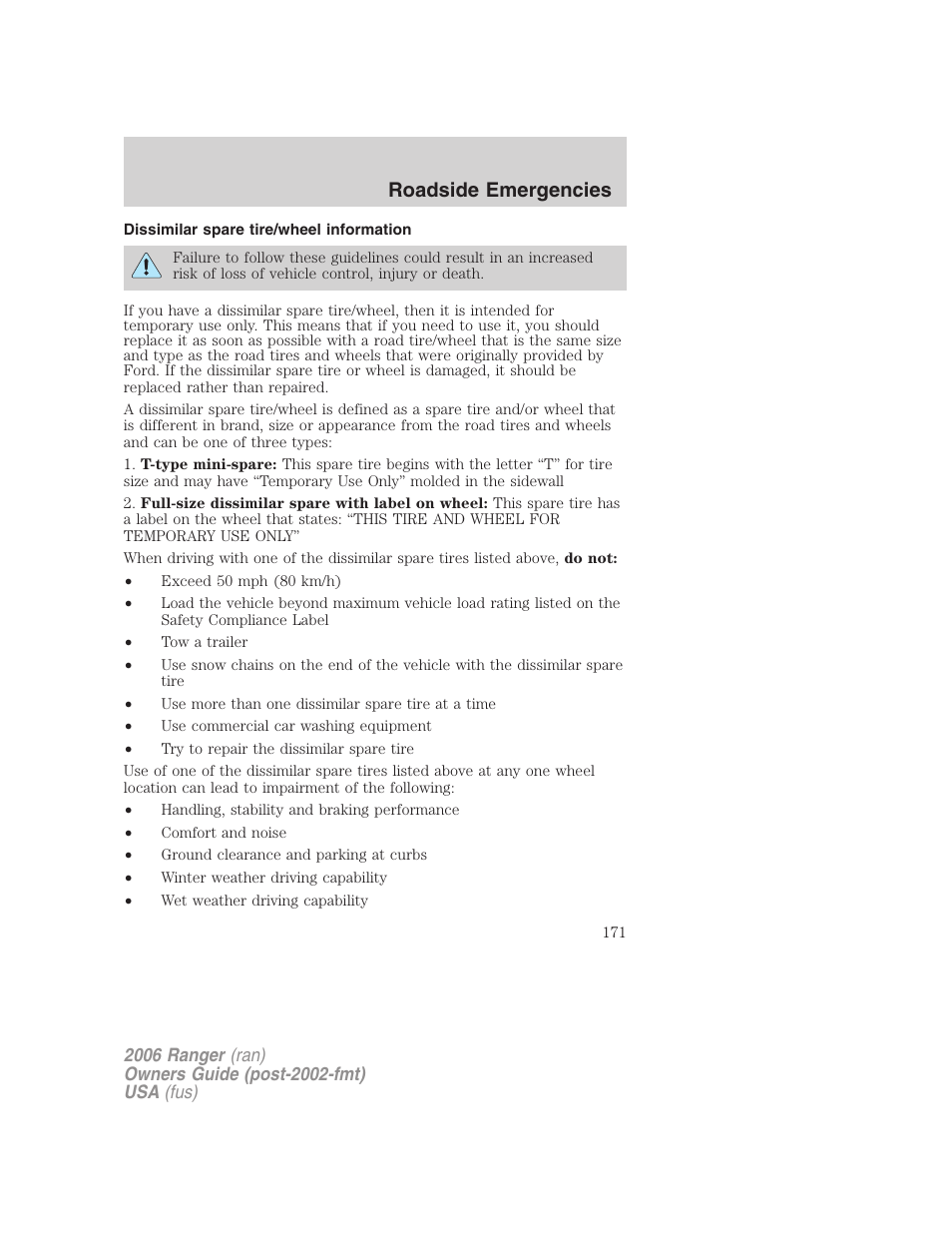 Dissimilar spare tire/wheel information, Roadside emergencies | FORD 2006 Ranger v.1 User Manual | Page 171 / 256