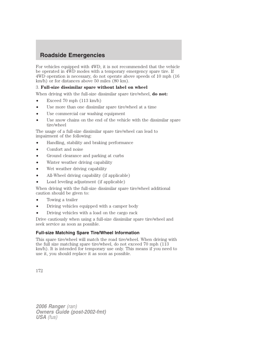 Full-size matching spare tire/wheel information, Roadside emergencies | FORD 2006 Ranger v.1 User Manual | Page 172 / 256