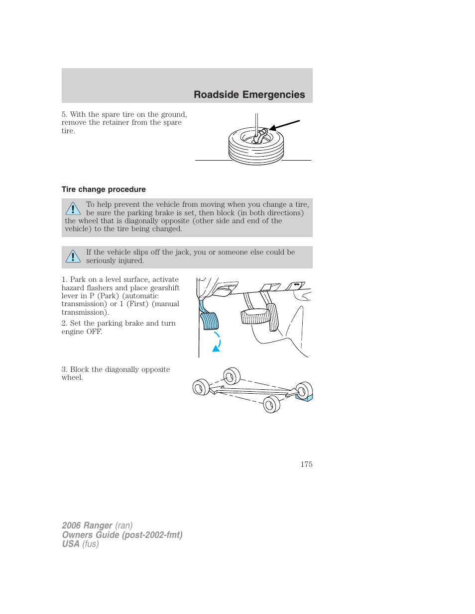 Tire change procedure, Roadside emergencies | FORD 2006 Ranger v.1 User Manual | Page 175 / 256