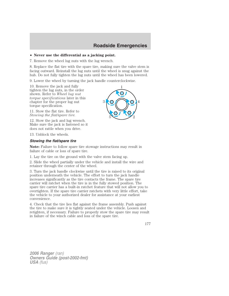 Stowing the flat/spare tire, Roadside emergencies | FORD 2006 Ranger v.1 User Manual | Page 177 / 256