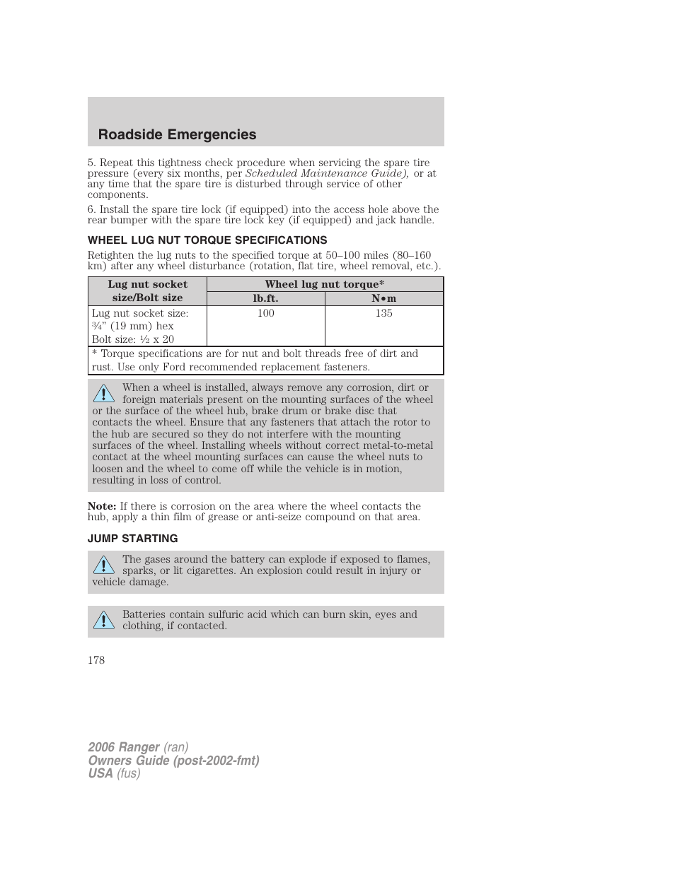 Wheel lug nut torque specifications, Jump starting, Lug nut torque | Roadside emergencies | FORD 2006 Ranger v.1 User Manual | Page 178 / 256