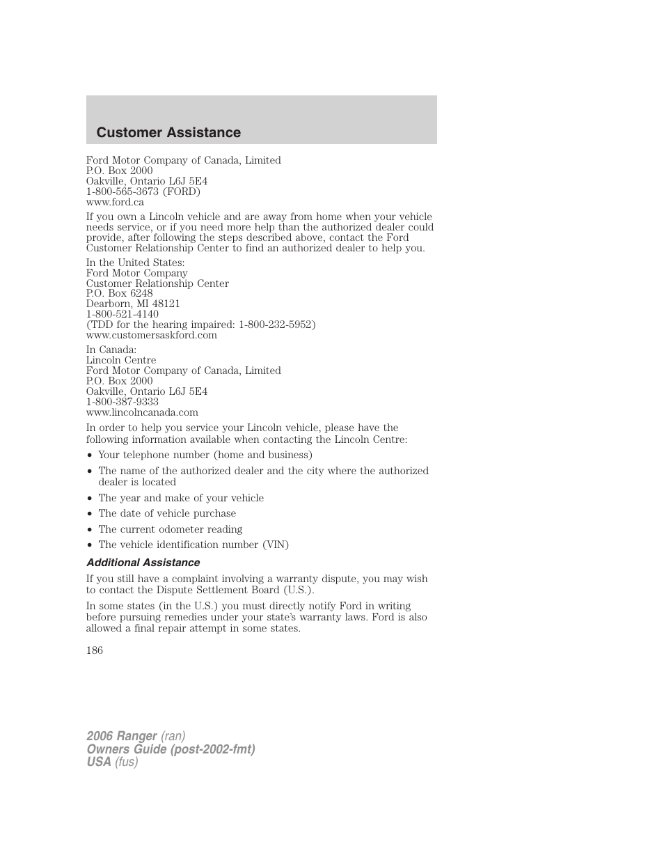 Additional assistance, Customer assistance | FORD 2006 Ranger v.1 User Manual | Page 186 / 256