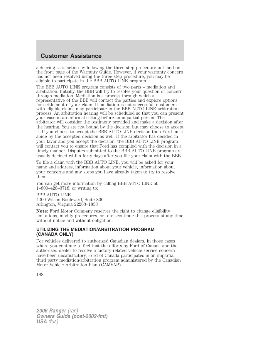 Customer assistance | FORD 2006 Ranger v.1 User Manual | Page 188 / 256