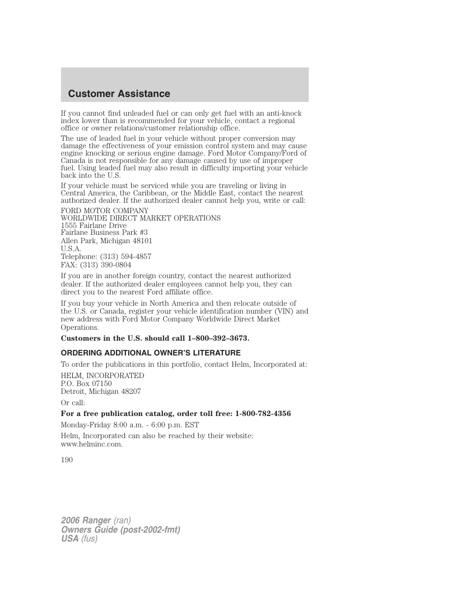 Ordering additional owner’s literature, Customer assistance | FORD 2006 Ranger v.1 User Manual | Page 190 / 256