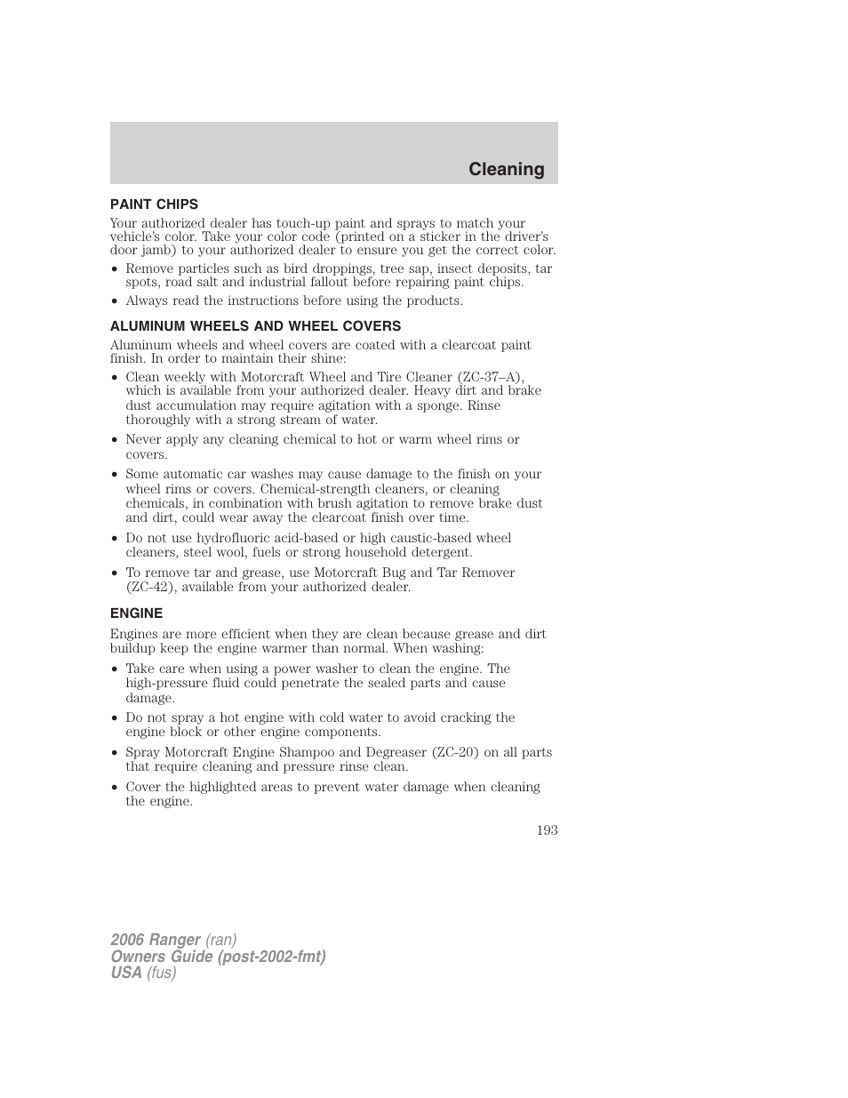 Paint chips, Aluminum wheels and wheel covers, Engine | Cleaning | FORD 2006 Ranger v.1 User Manual | Page 193 / 256