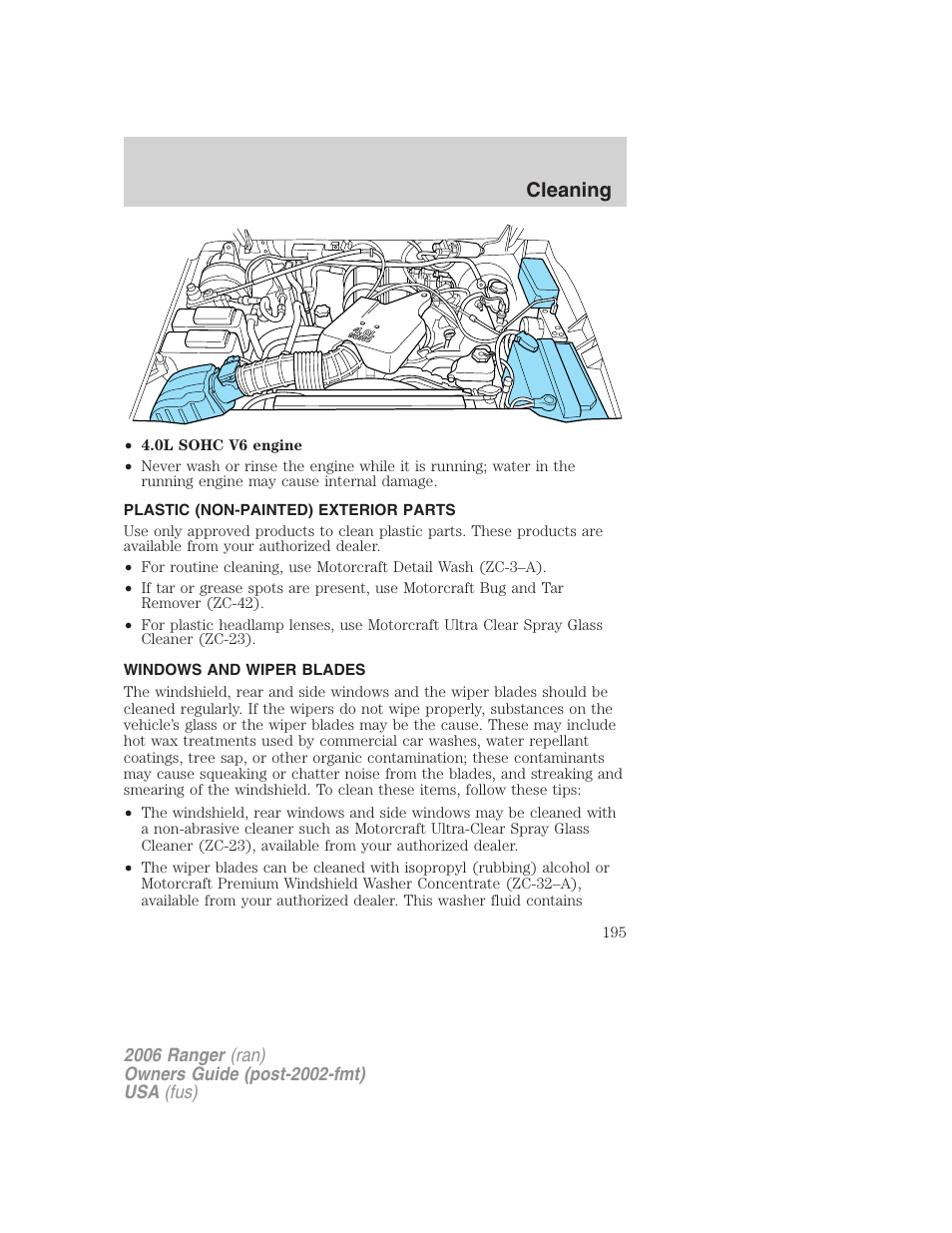 Plastic (non-painted) exterior parts, Windows and wiper blades, Cleaning | FORD 2006 Ranger v.1 User Manual | Page 195 / 256