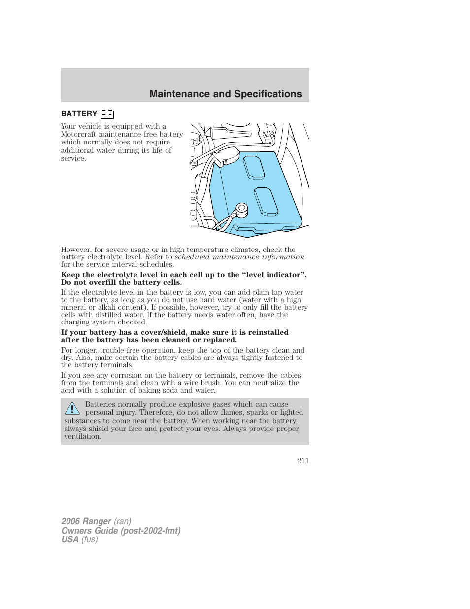 Battery, Maintenance and specifications | FORD 2006 Ranger v.1 User Manual | Page 211 / 256