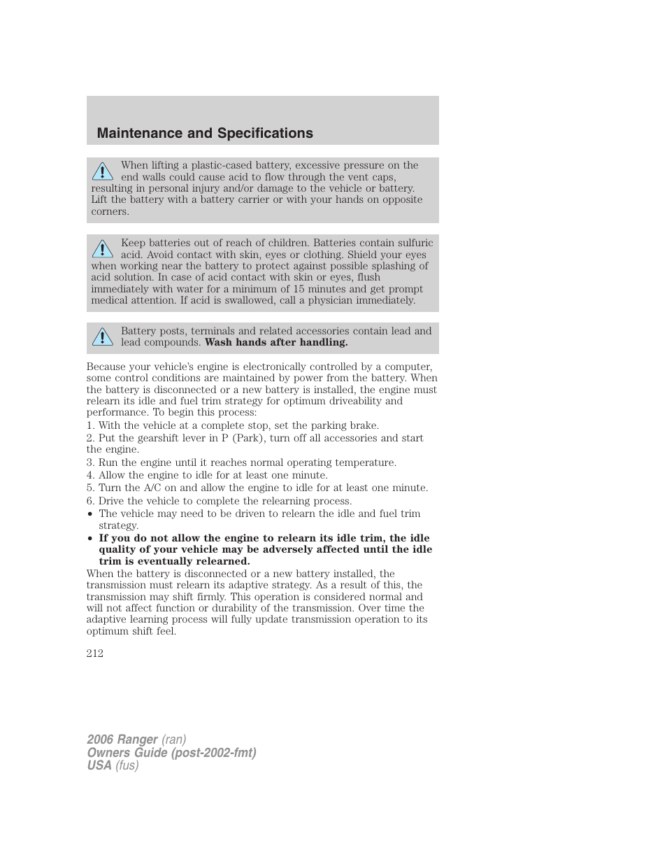 Maintenance and specifications | FORD 2006 Ranger v.1 User Manual | Page 212 / 256