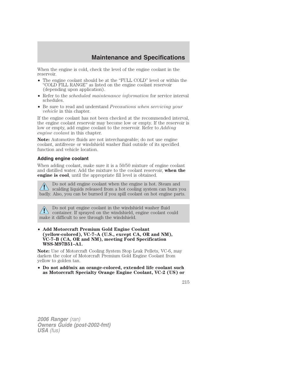 Adding engine coolant, Maintenance and specifications | FORD 2006 Ranger v.1 User Manual | Page 215 / 256