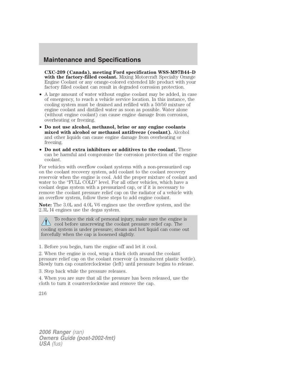 Maintenance and specifications | FORD 2006 Ranger v.1 User Manual | Page 216 / 256