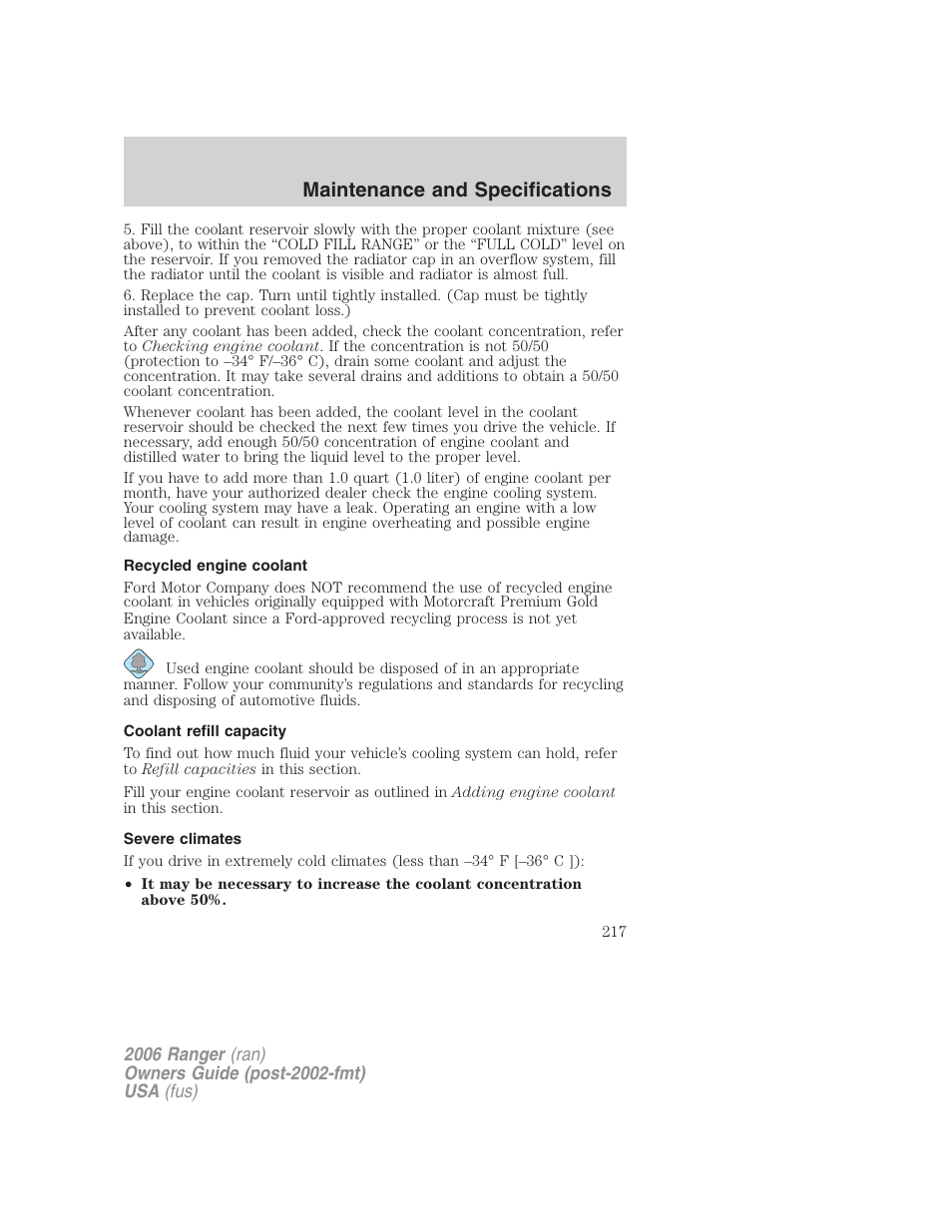Recycled engine coolant, Coolant refill capacity, Severe climates | Maintenance and specifications | FORD 2006 Ranger v.1 User Manual | Page 217 / 256