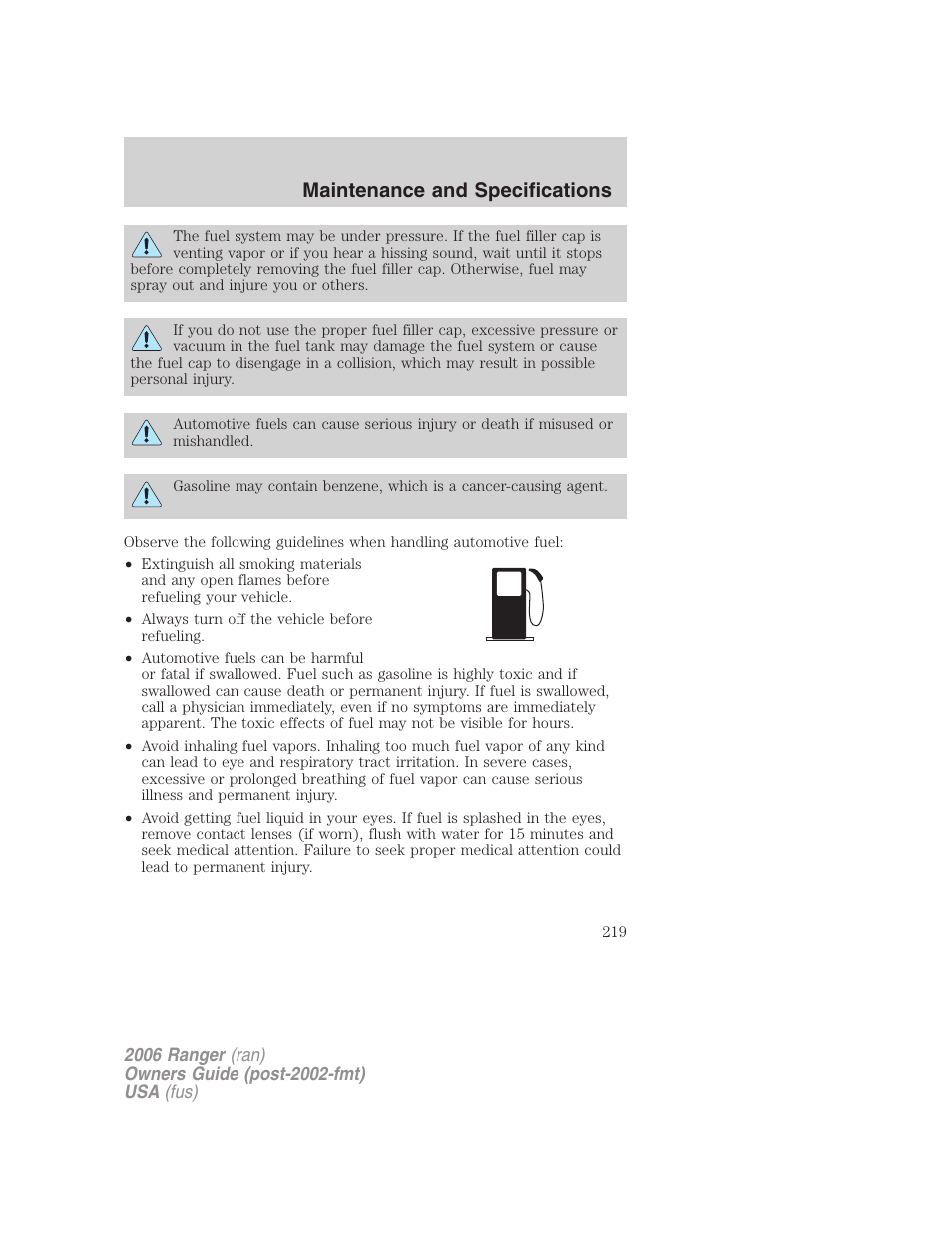 Maintenance and specifications | FORD 2006 Ranger v.1 User Manual | Page 219 / 256