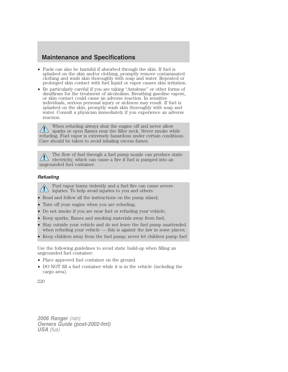 Refueling, Maintenance and specifications | FORD 2006 Ranger v.1 User Manual | Page 220 / 256