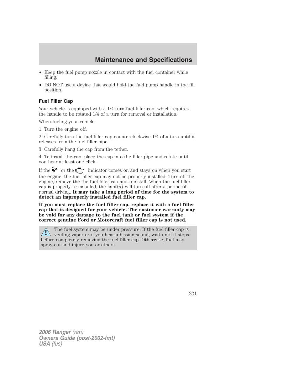 Fuel filler cap, Maintenance and specifications | FORD 2006 Ranger v.1 User Manual | Page 221 / 256