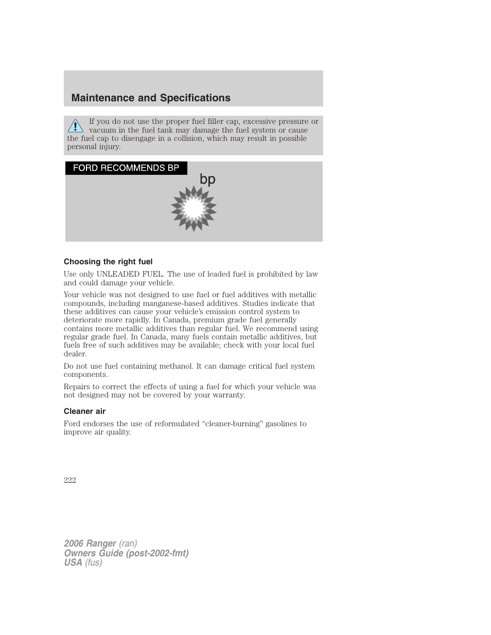Choosing the right fuel, Cleaner air, Maintenance and specifications | FORD 2006 Ranger v.1 User Manual | Page 222 / 256