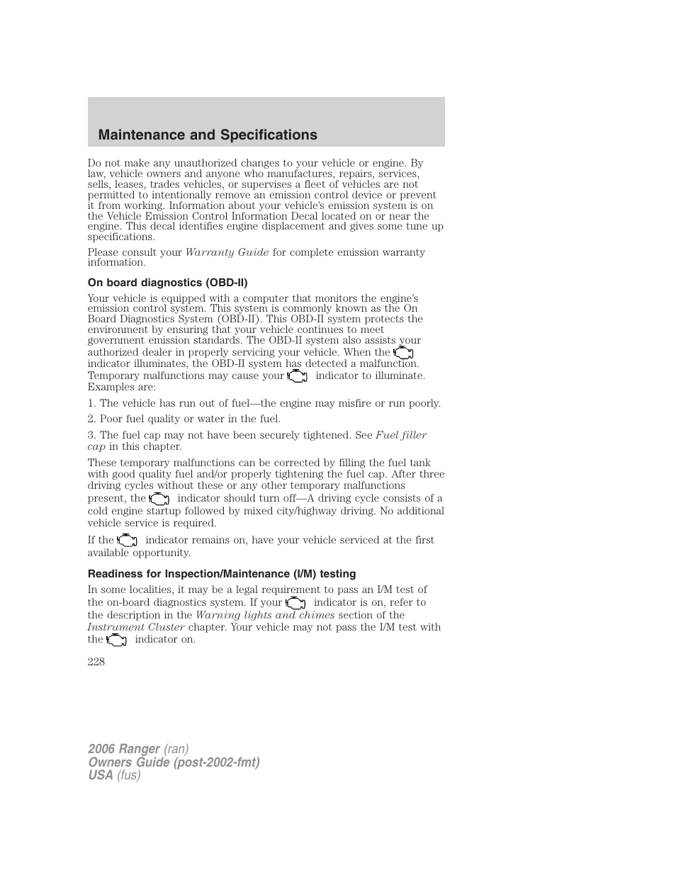 On board diagnostics (obd-ii), Readiness for inspection/maintenance (i/m) testing, Maintenance and specifications | FORD 2006 Ranger v.1 User Manual | Page 228 / 256