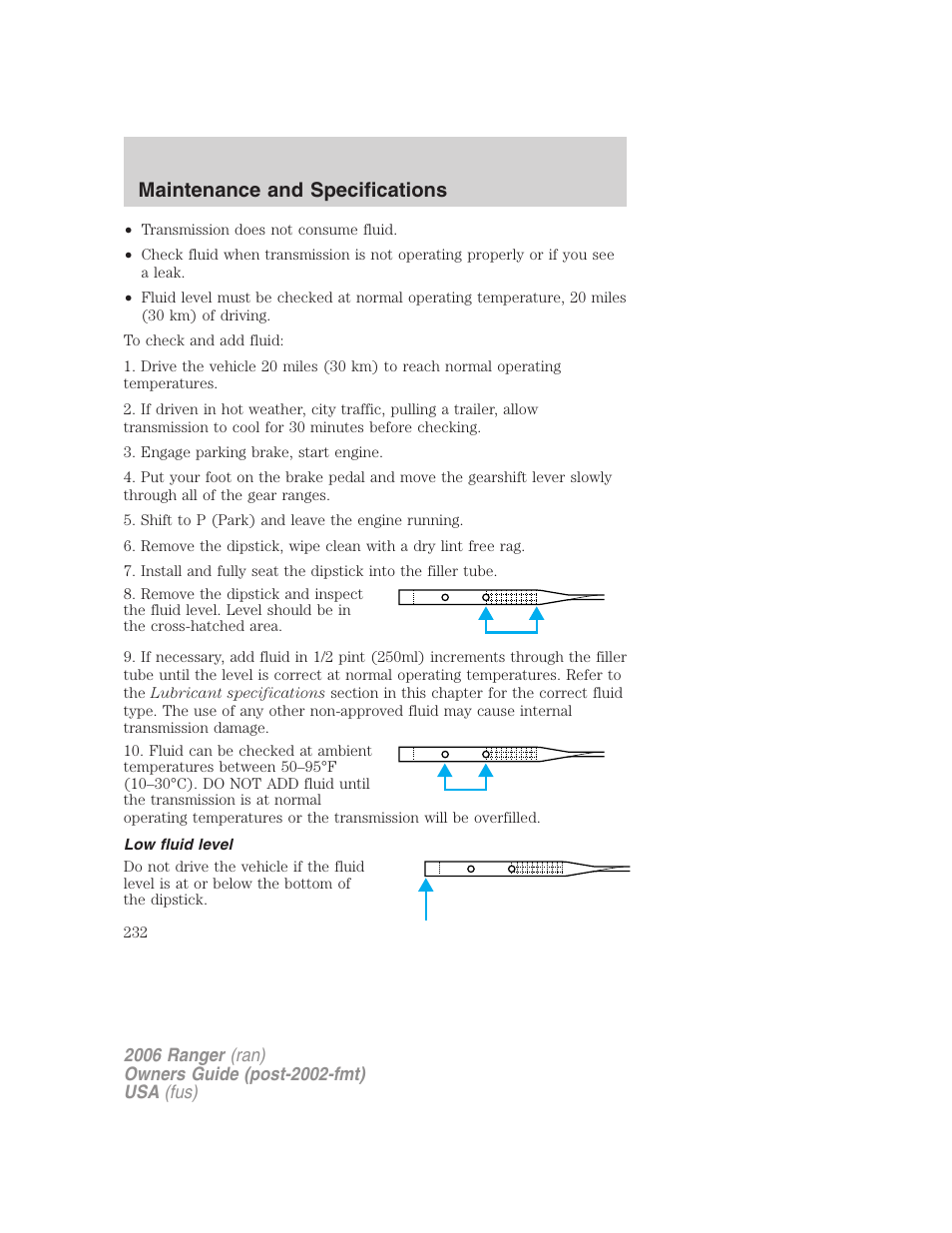 Low fluid level, Maintenance and specifications | FORD 2006 Ranger v.1 User Manual | Page 232 / 256