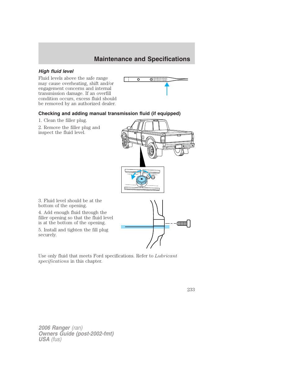 High fluid level, Maintenance and specifications | FORD 2006 Ranger v.1 User Manual | Page 233 / 256