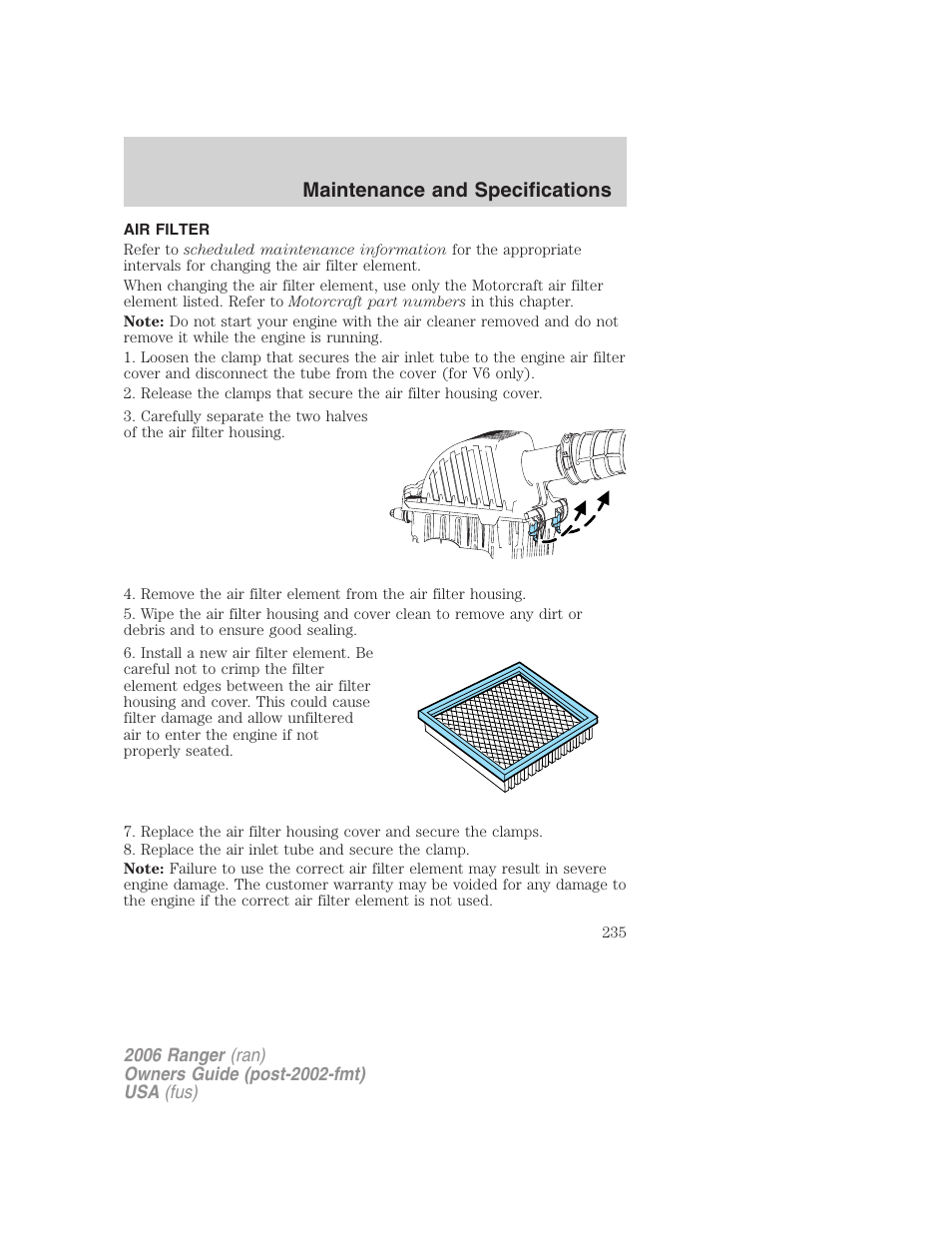 Air filter, Air filter(s), Maintenance and specifications | FORD 2006 Ranger v.1 User Manual | Page 235 / 256