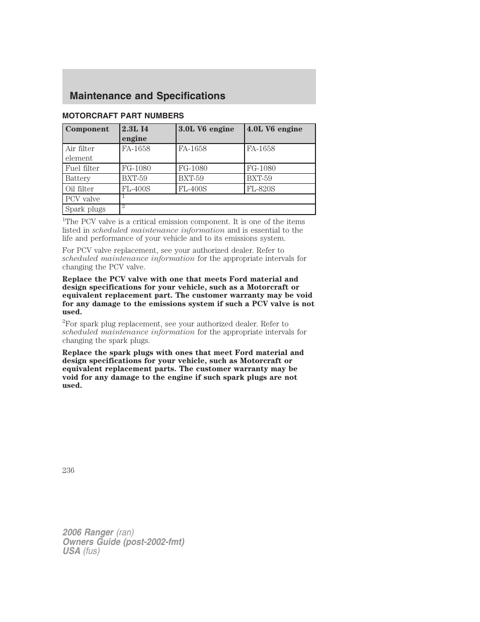 Motorcraft part numbers, Part numbers, Maintenance and specifications | FORD 2006 Ranger v.1 User Manual | Page 236 / 256